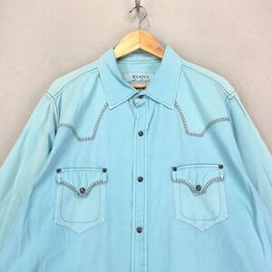 Ryan Michael Snap Shirt Mens XL Blue Long Sleeve Western Silk Blend Retro Rodeo